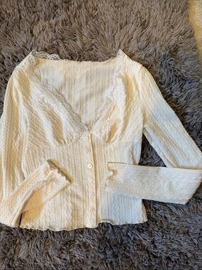 PacSun Ivory Lace-Trim Long Sleeve Button Front Top